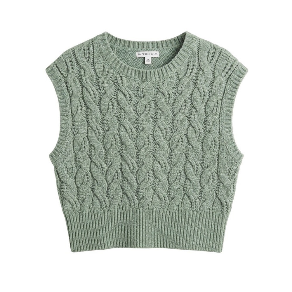 Sincerely Jules Womens Cable Knit Sweater Vest Sage Green Cropped Small